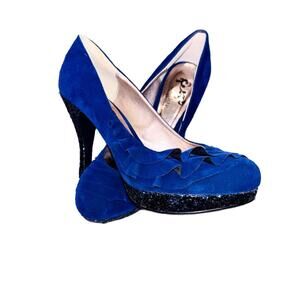 DayTrip‎ Women’s Velvet Elegant Blue 3' High Heel Pumps with Glitter Accent